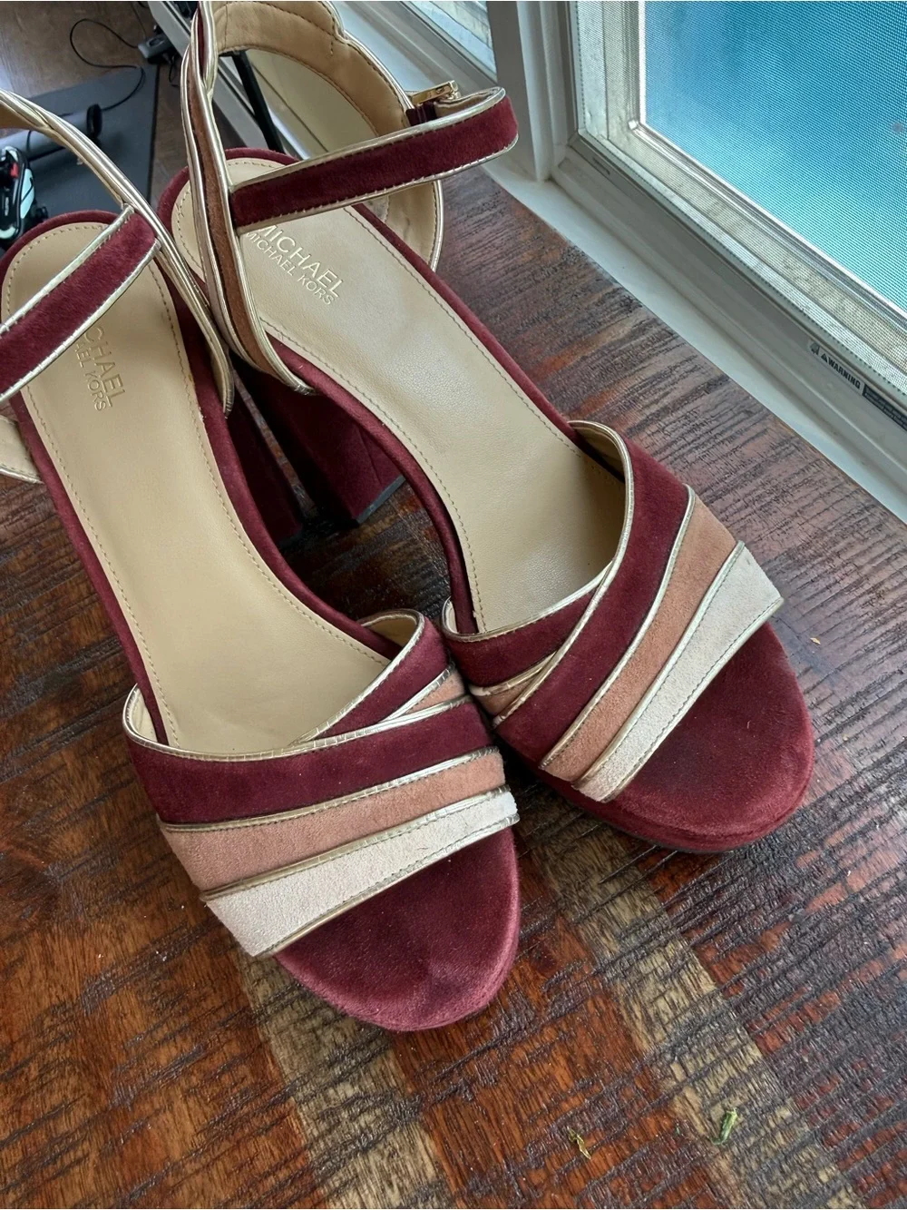 Michael Kors Burgundy and Blush suede Strappy Platform Sandals